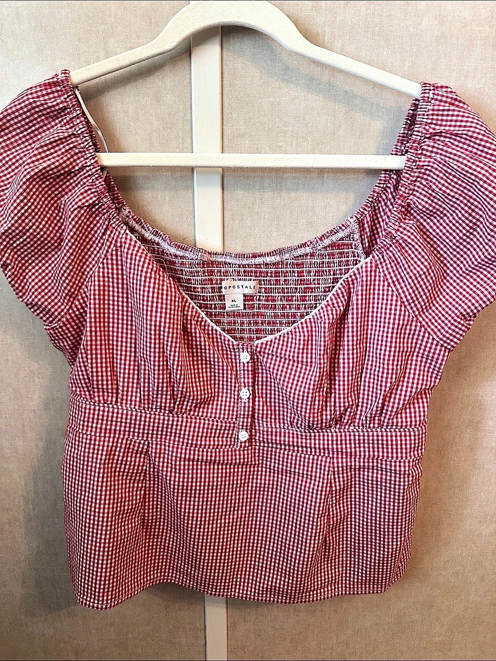 Aeropostal Gingham Puff Sleeve Crop Top in Red & White Size XL
